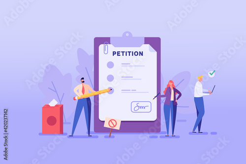 Petition form. People signing and spreading petition or complaint. Concept of Online petition, making choice, balloting Paper, democracy. Vector illustration for Web Design and Background