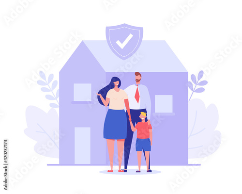 Family insurance. Concept of life insurance, protection of health and life of children with document of insurance for travel or vacation. Healthcare and medical service. Vector illustration in flat