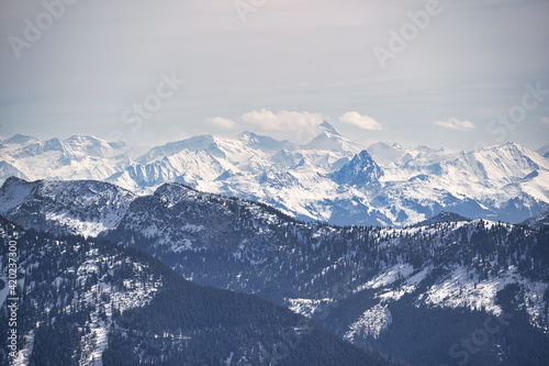 snow covered mountains in winter with forrest