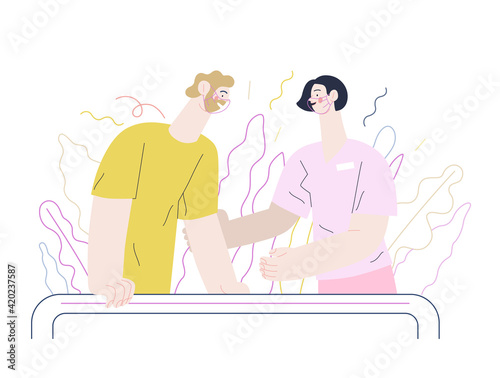 Medical insurance - rehabilitation and physiotherapy -modern flat vector concept digital illustration -physiotherapist helps patient walking using training parallel bars, medical office, laboratory
