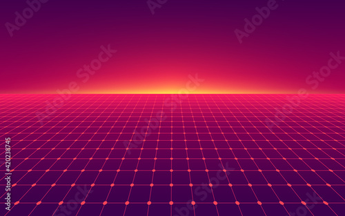 Abstract perspective red violet grid. Retro futuristic neon line on dark background, 80s design perspective distorted plane landscape composed of crossed neon lights and laser beams. Vector EPS10