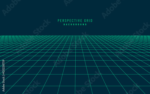 Abstract perspective dark blue green grid. Retro futuristic neon line on dark background, 80s design perspective distorted plane landscape composed of crossed neon lights and laser beams. Vector EPS10
