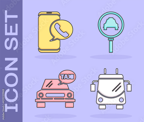Set Trolleybus, Taxi call telephone service, Taxi car and Magnifying glass and taxi car icon. Vector