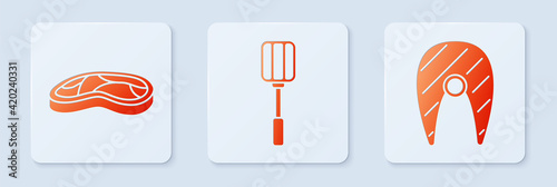 Set Spatula, Steak meat and Fish steak. White square button. Vector