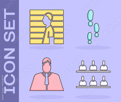 Set Jurors, Suspect criminal, Lawyer, attorney, jurist and Footsteps icon. Vector