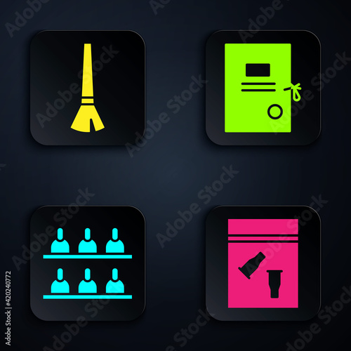 Set Evidence bag and bullet, Paint brush, Jurors and Lawsuit paper. Black square button. Vector