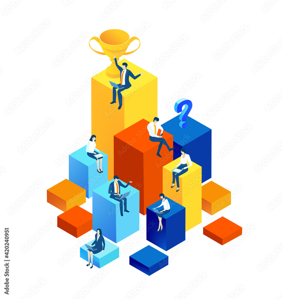 Isometric 3D business concept environment, Business people, sit at cubes with trophy, working together. Developing applications, technical support, advisory and security idea Isometric 3D business concept environment, Business people, sit at cubes with trophy, working together. Developing applications, technical support, advisory and security idea