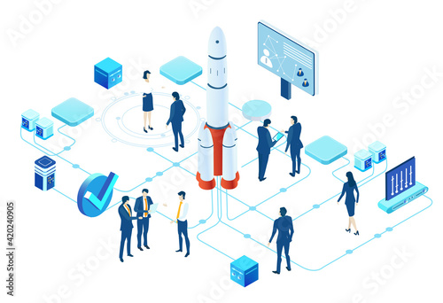 Isometric 3D business environment infographic. Business people work together next to rocket. Rocket is ready for start, technology, space technology, space industry, start up concept