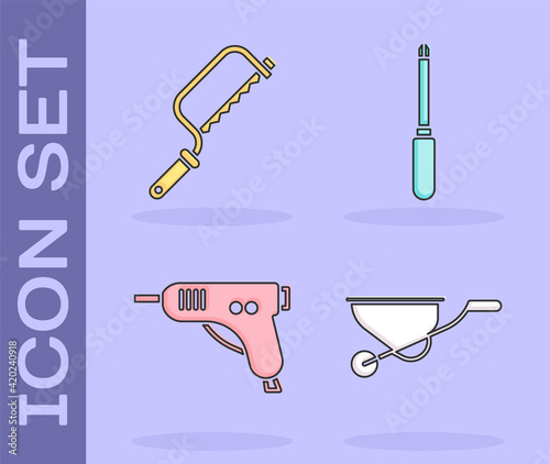 Set Wheelbarrow, Hacksaw, Electric hot glue gun and Screwdriver icon. Vector