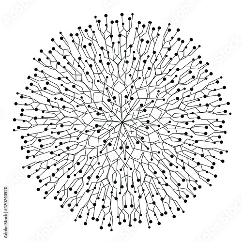 Abstract contour fractal on a white background. Vector openwork, snowflake or mandala. Thin rays glow in a circle. To develop a corporate identity or packaging.