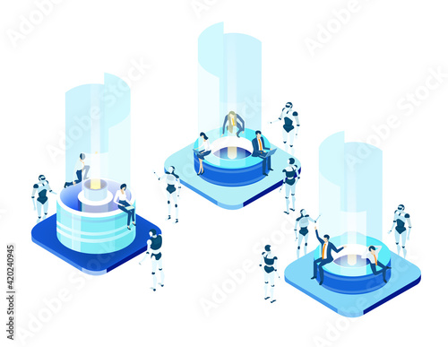 Isometric 3D business environment. Robots work in server room, artificial intelligence concept infographic. Big data, internet security