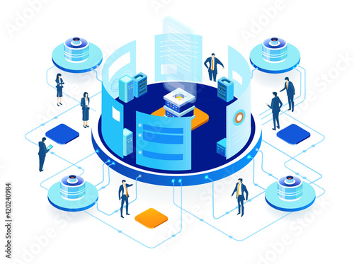 Application developers. Isometric 3D business concept environment,  Business people working in server room, technology, big data, computing, artificial intelligence concept illustration