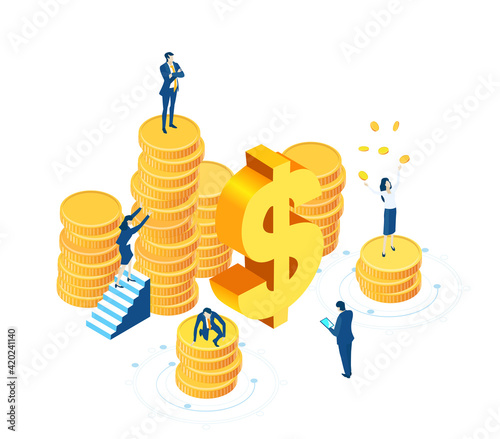 Isometric 3D business concept environment,  Business people, bankers working next to coin stacks. Investment, saving, financial advisory, technical support, advisory and security 