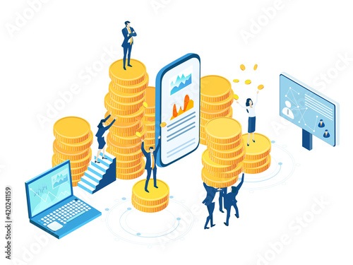 Isometric 3D business concept environment,  Business people, bankers working next to coin stacks. Developing banking application, technical support, advisory and security 