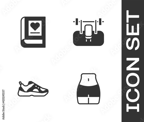 Set Women waist, Medical book, Sport sneakers and Bench with barbel icon. Vector