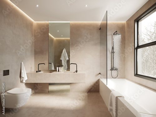 Photographie 3d rendering of a beige minimal concrete bathroom with a bathtub a toilet and vi