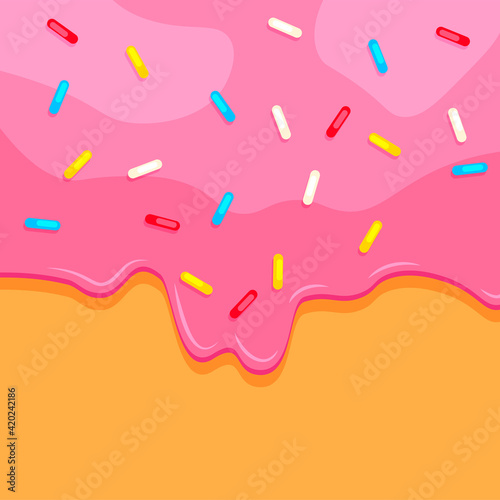 Doughnut close up. Sweet pink donut background. Vector illustration
