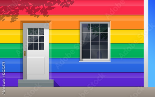 house facade siding entrance door window in lgbt rainbow colors vector illustration