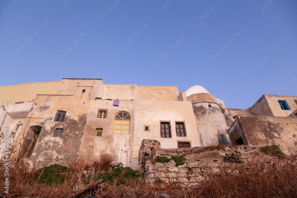 Pyrgos village during sunrise. Pyrgos is an old, medieval settlement in the famous island of Santorini, its name means 