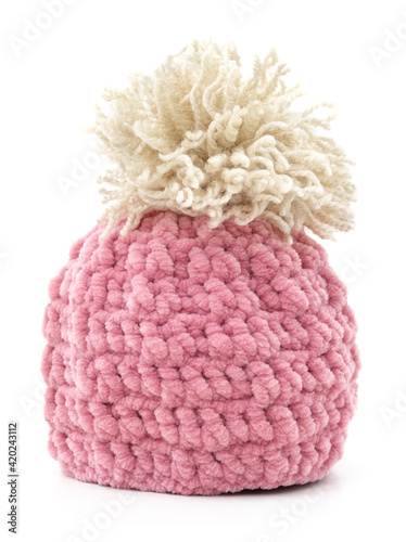 Pink knitted hat.