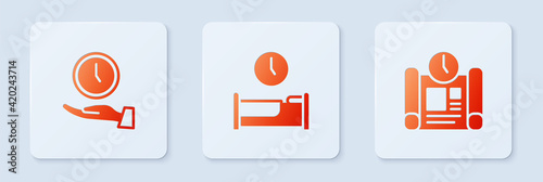 Set Time to sleep, Clock and Project time plan. White square button. Vector