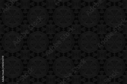 Volumetric composition with 3D effect of a convex shape. Black geometric background with embossed polygons and figures. Ethnic ornament in folk style.