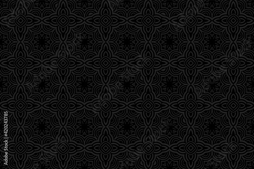 Volumetric composition with 3D effect of a convex shape based on the peoples of Africa, Mexico. Black geometric background. Ethnic relief ornament.