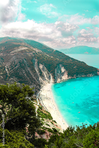Myrtos beach on the Ionian island of Kefalonia, Greece, with calm, turquoise sea