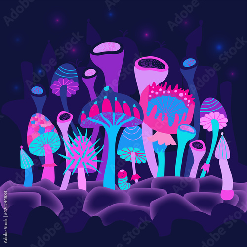 Vector illustration image of magic mushrooms. Composition in the center of neon fantastic mushrooms on a dark background. Poster, postcard, screensaver for the web.
