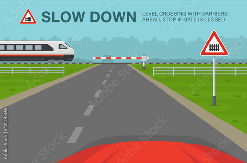 Driving a car. Car is reaching the railroad cross while express passenger train is approaching. Level crossing with barriers ahead warning sign meaning. Flat vector illustration template.
