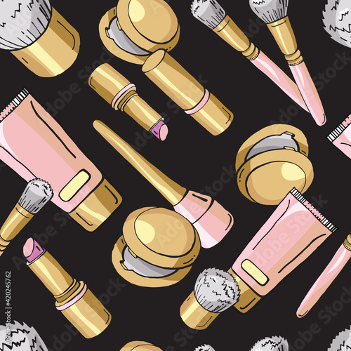 Seamless pattern with cosmetics and makeup brushes
