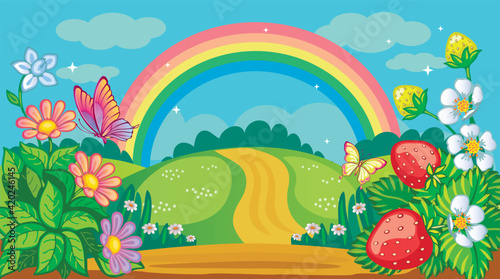 Fairytale background with flower meadow  road and rainbow. Countryside or farm. Fabulous forest landscape. Bush strawberries  daisies and butterflies. Magic nature. Children s illustration. Vector.