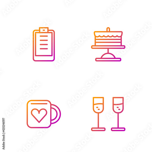 Set line Glass of champagne, Coffee cup and heart, Clipboard with checklist and Cake on plate. Gradient color icons. Vector