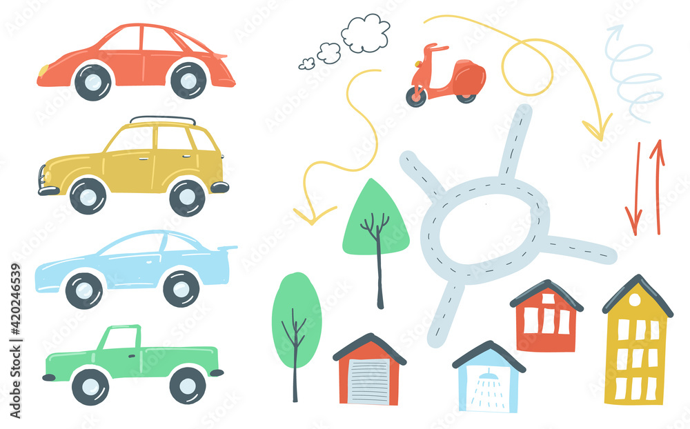 large set of urban elements flat simple cartoon style hand drawing. cars, roads, traffic lights. vector illustration large set of urban elements flat simple cartoon style hand drawing. cars, roads, traffic lights. vector illustration
