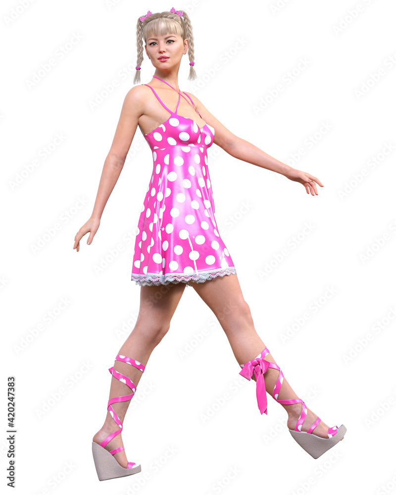 Naklejka premium Beautiful woman in red short polka dot dress.