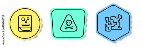 Set line Chemistry book, Triangle warning toxic and Gaseous. Colored shapes. Vector