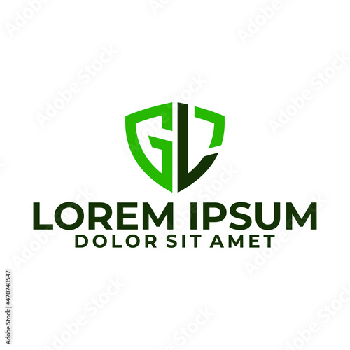 Initial letter GL logo template with shield geometric line art illustration in flat design monogram symbol