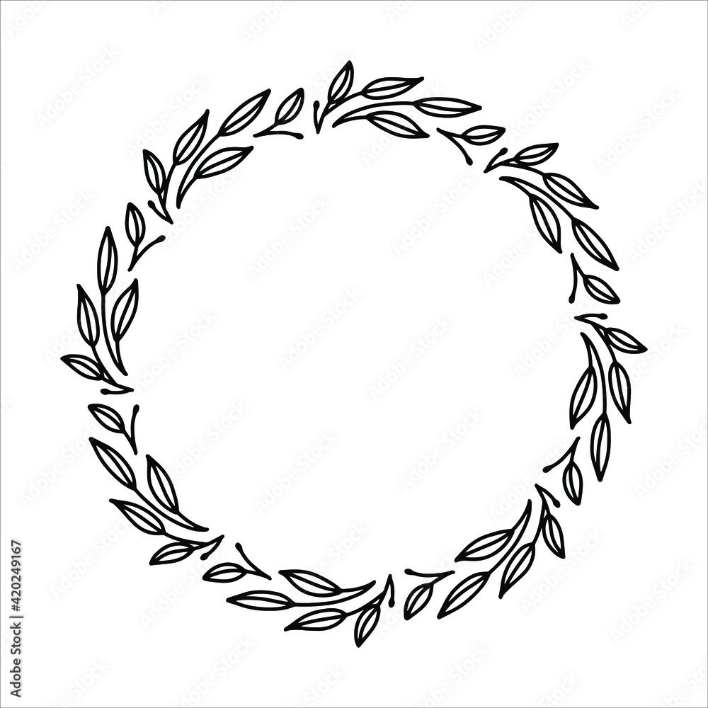 Vector hand drawn spring wreath isolated on white background. Outline circle of leaves. Doodle style. Floral frame. Vector hand drawn spring wreath isolated on white background. Outline circle of leaves. Doodle style. Floral frame.