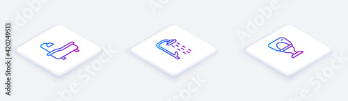 Set Isometric line Bathtub, Shower and Toilet bowl. White square button. Vector