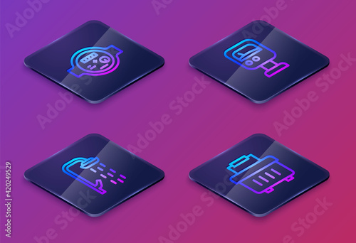 Set Isometric line Water meter, Shower, Pressure water and Toolbox. Blue square button. Vector