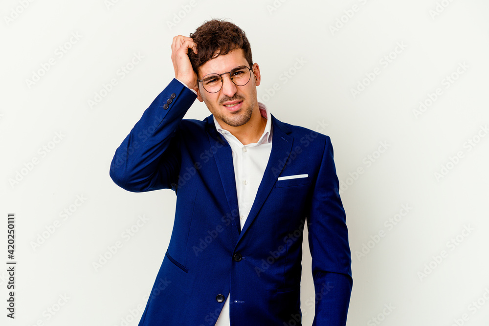 Young business caucasian man isolated on white background forgetting something, slapping forehead with palm and closing eyes. Young business caucasian man isolated on white background forgetting something, slapping forehead with palm and closing eyes.