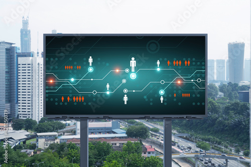 Photography Glowing Social media icons on road billboard over panoramic city view of Kuala Lumpur, Malaysia, Asia