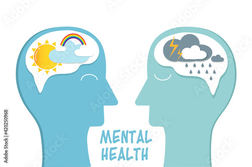 The comparison between happy and sad mental condition in psychological state, positive mind with sun and rainbow symbol, negative thinking with rain and thunderstorm concept,