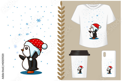 Mockup set, baby small penguin with ice crystal in the christmas