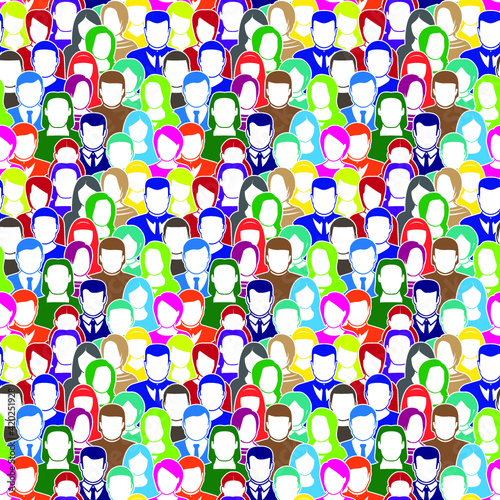The crowd of abstract people, seamless pattern in black. Isolated on White Background. Flat design, vector illustration.