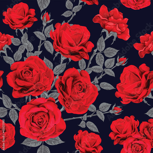 Seamless pattern red rose flowers vintage abstract dark blue background.Vector illustration drawing watercolor style.For used wallpaper design,textile fabric or wrapping paper.