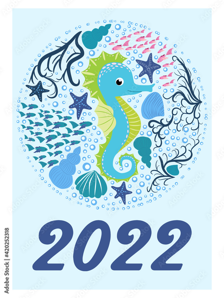 Fototapeta premium Marine life. calendar design template for 2022, A4 format. Week starts on Sunday. Whale, mermaid, snail, shark, crab, stingray, seahorse, dolphin, octopus, turtle