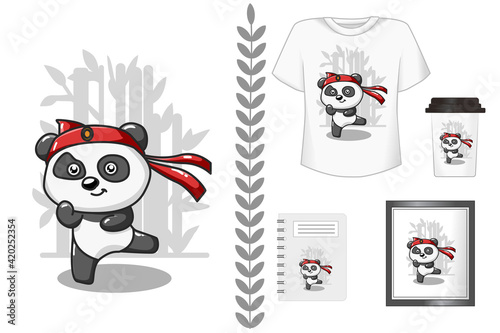 Mockup, panda practicing karate illustration