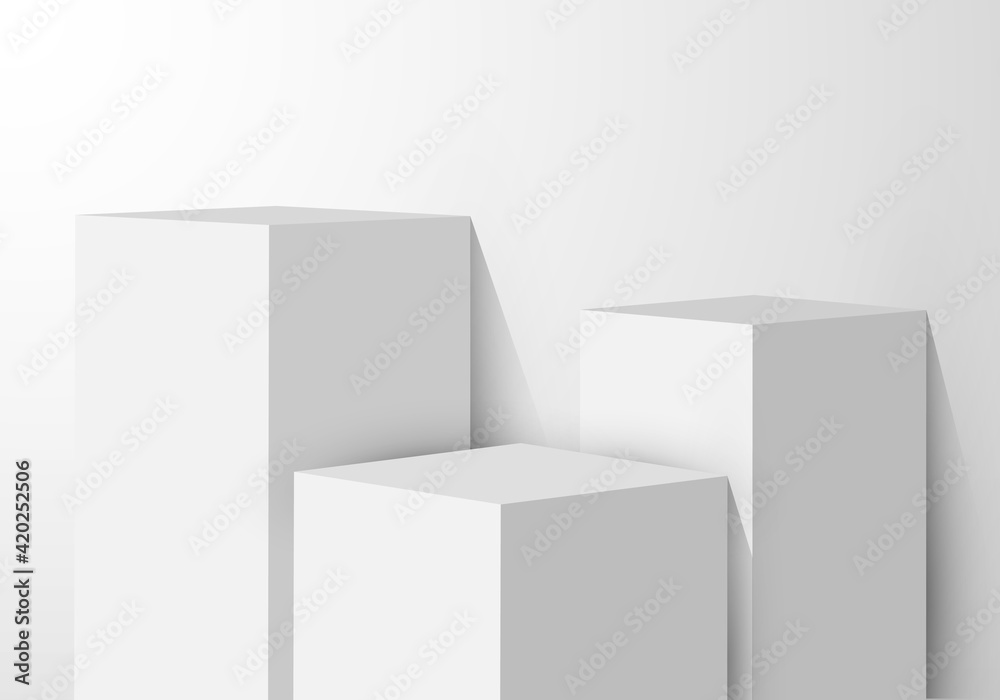 3D realistic white pedestal rectangular box studio room with light product shelf on clean background