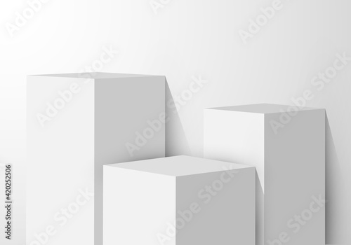 3D realistic white pedestal rectangular box studio room with light product shelf on clean background